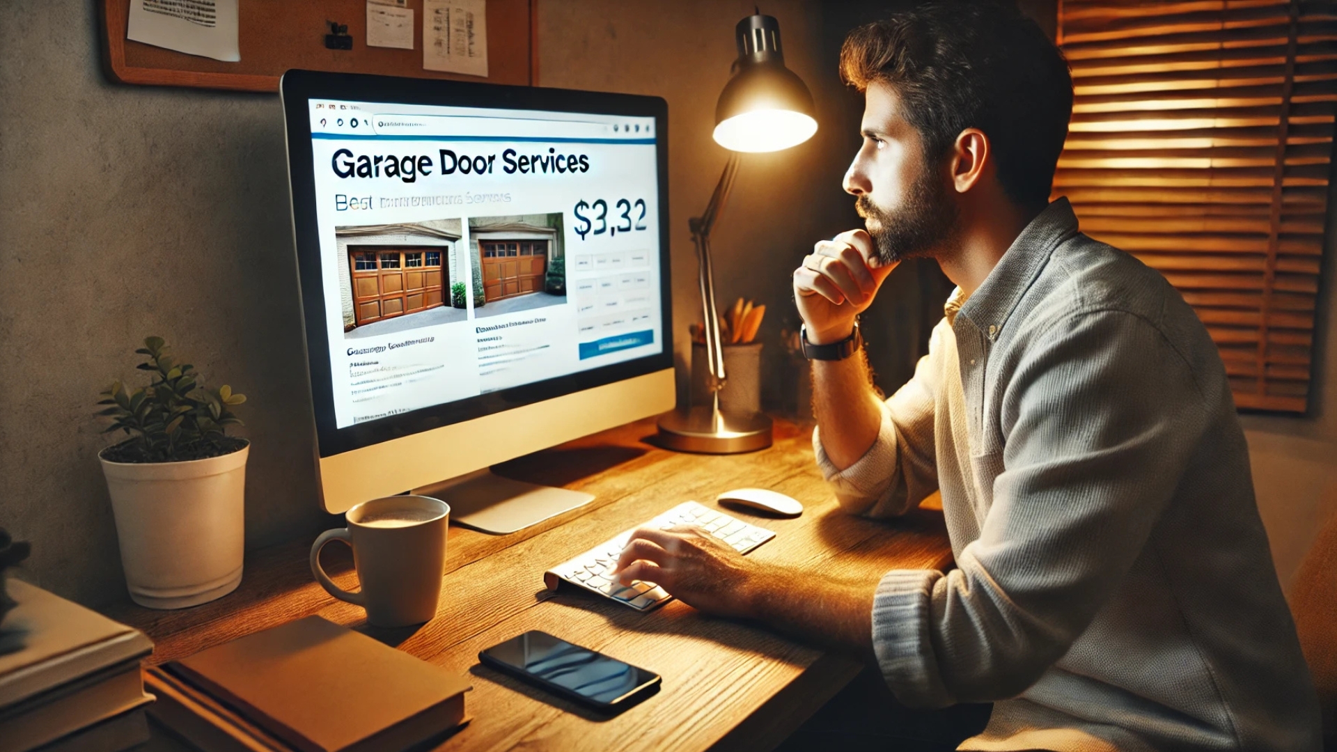 A man browsing a website for garage door service options.