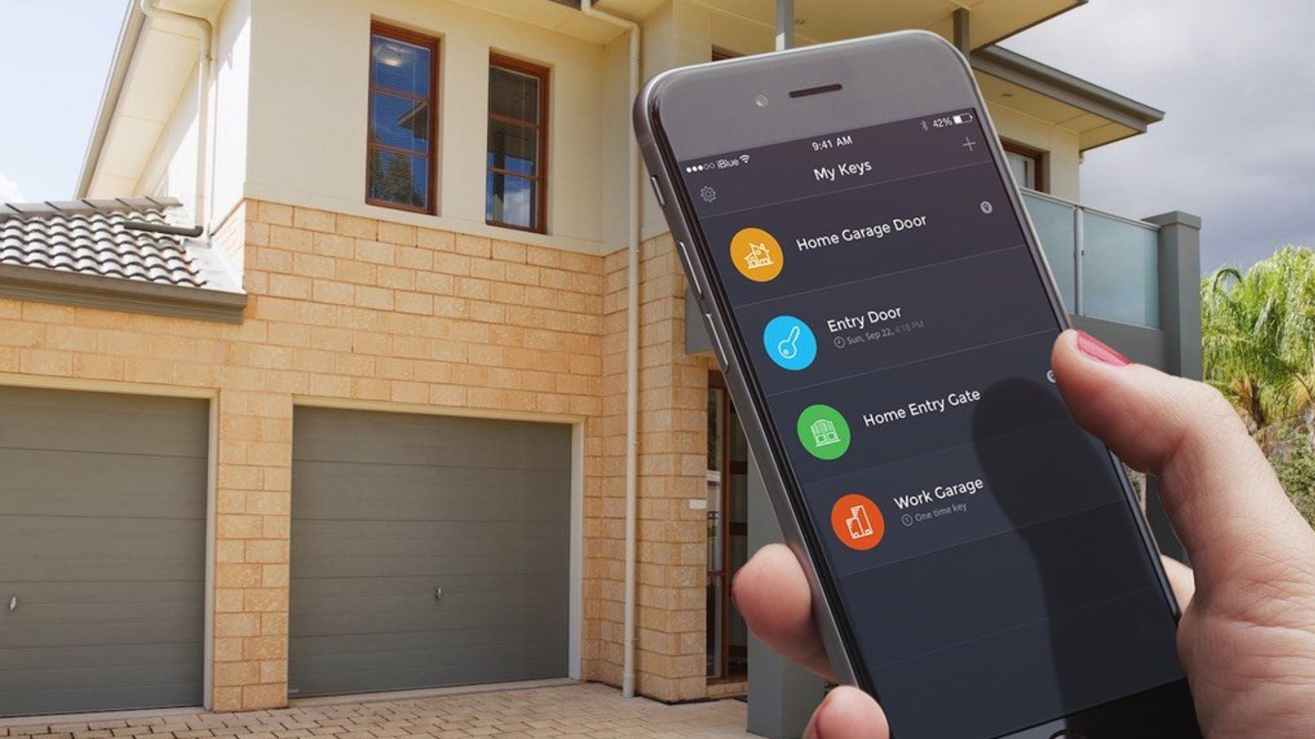 A modern house with a custom garage door and smart access control.